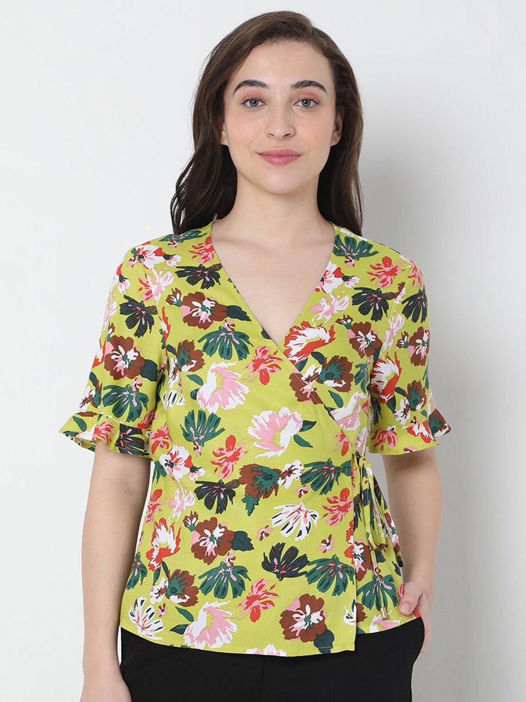 

Vero Moda Green Floral Print Wrap Top