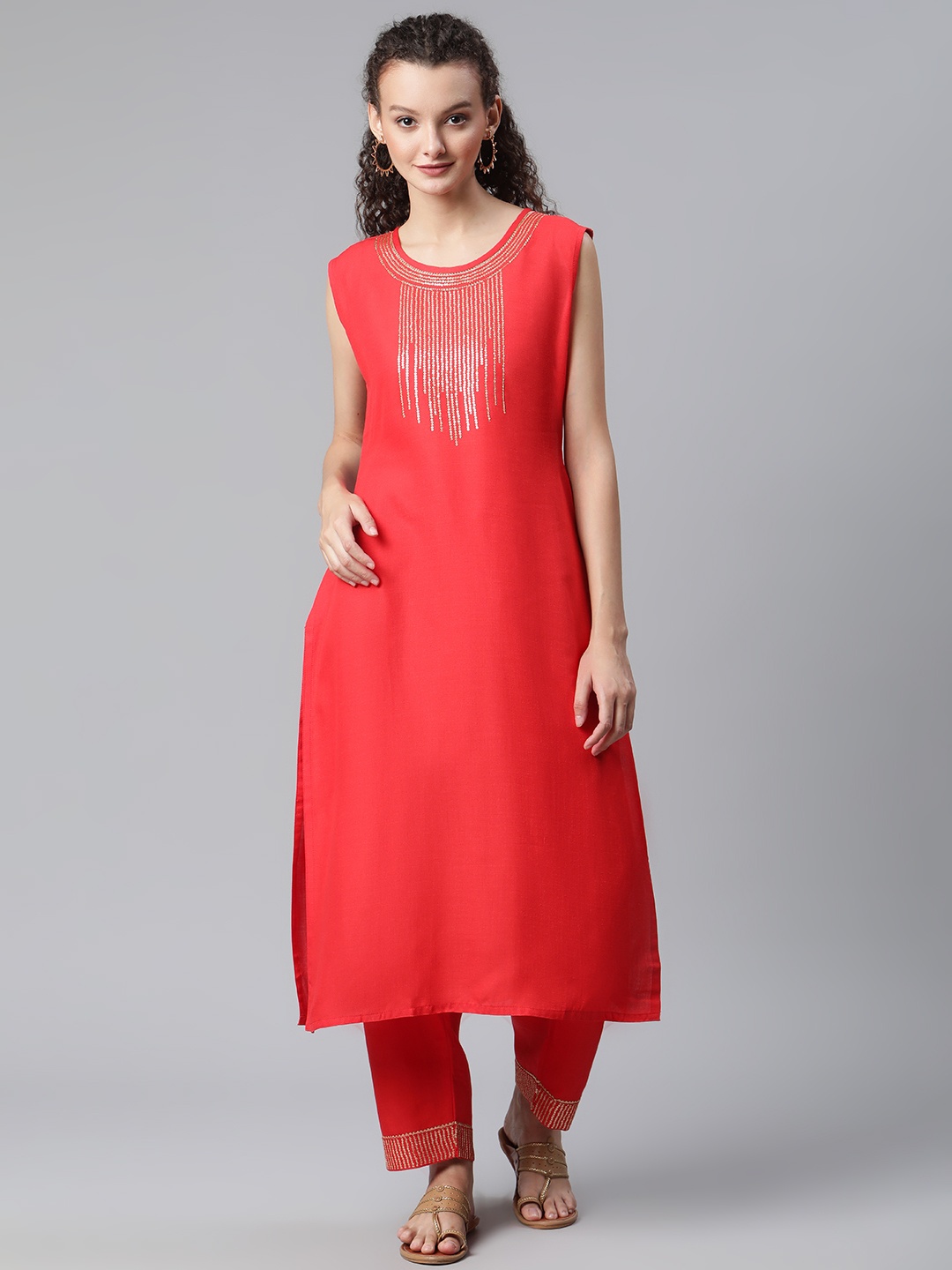 

SheWill Women Red Embroidered Sequinned Kurta with Trousers