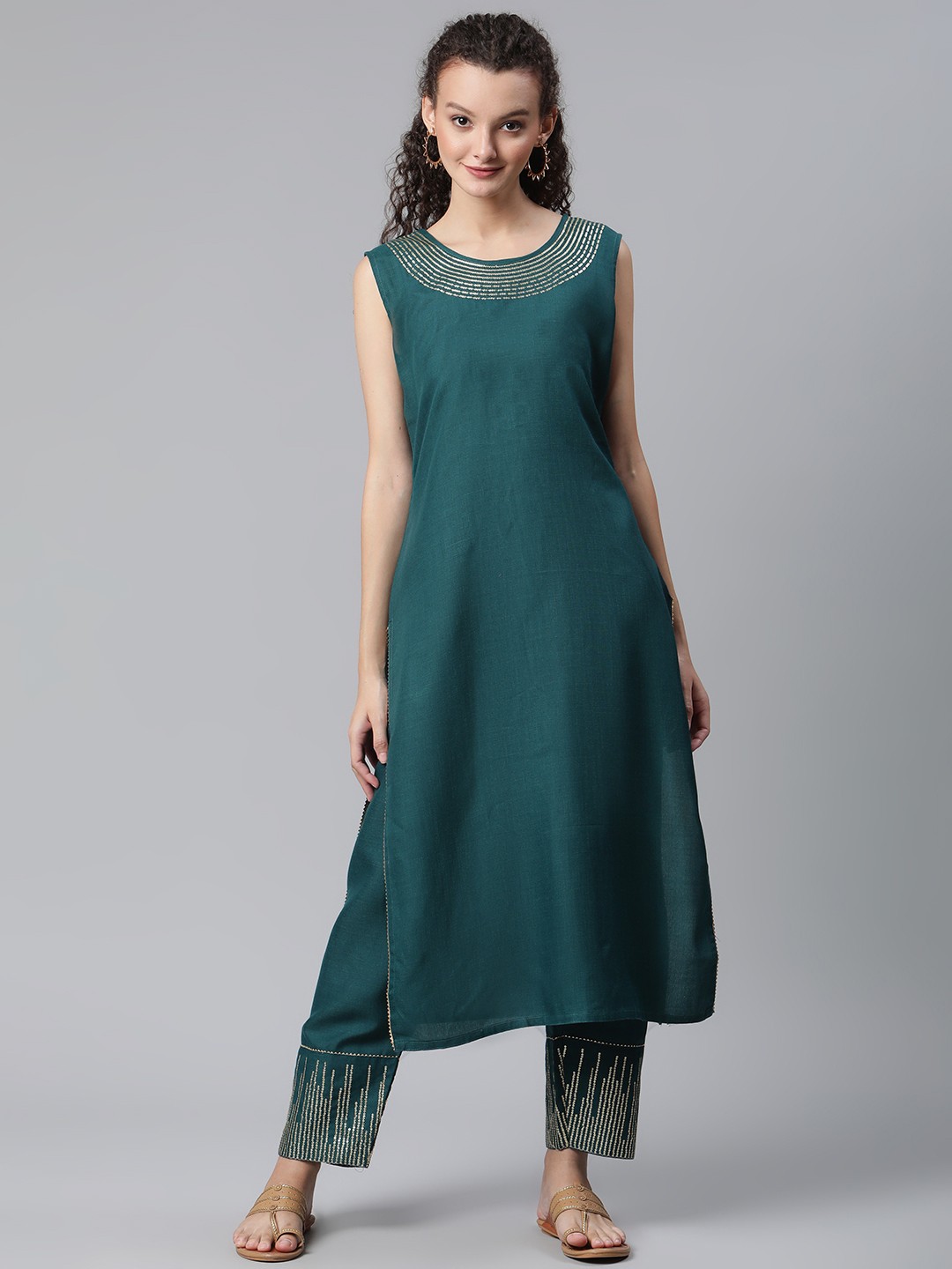 

SheWill Women Teal Blue Embroidered Sequinned Kurta with Trousers