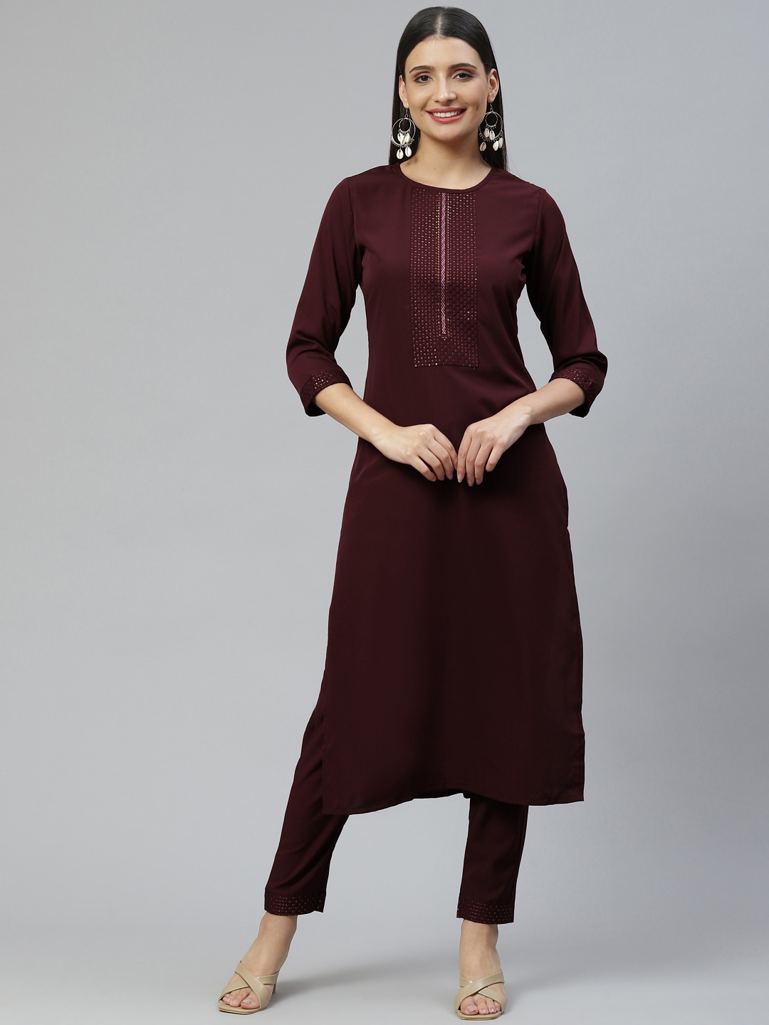 

SheWill Women Burgundy Embroidered Sequinned Kurta with Trousers