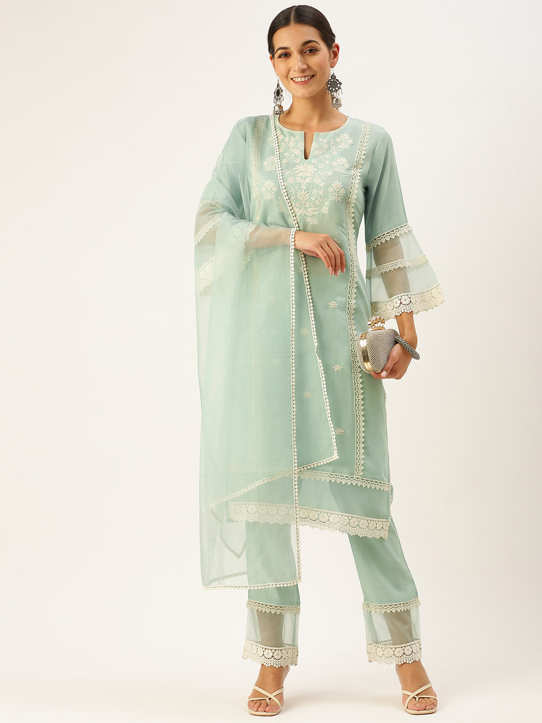 

SWAGG INDIA Women Sea Green Floral Embroidered Chanderi Silk Kurta with Trousers & With Dupatta