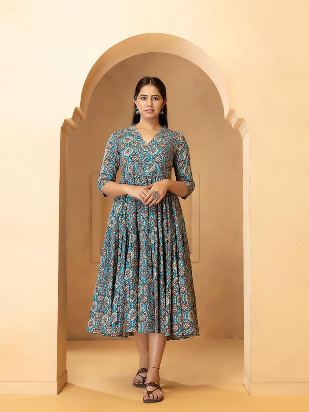 

Baisacrafts Women Turquoise Blue Ethnic Print A Line Midi Dress