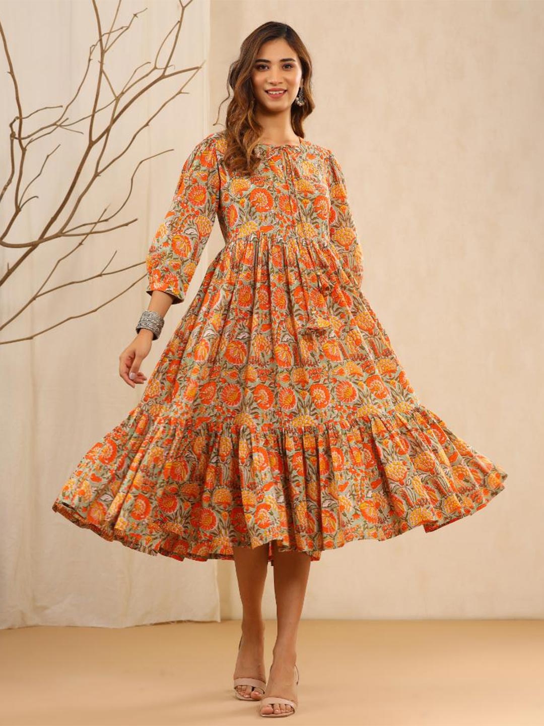 

Baisacrafts Green & Orange Floral Midi Dress