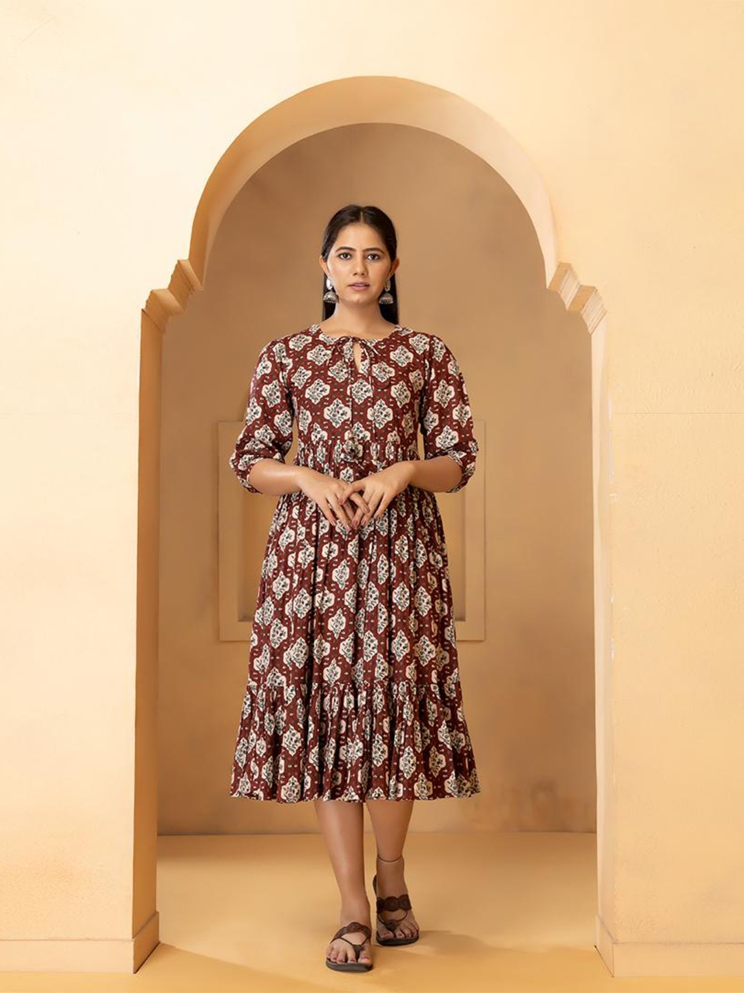

Baisacrafts Maroon & White Floral Midi Dress