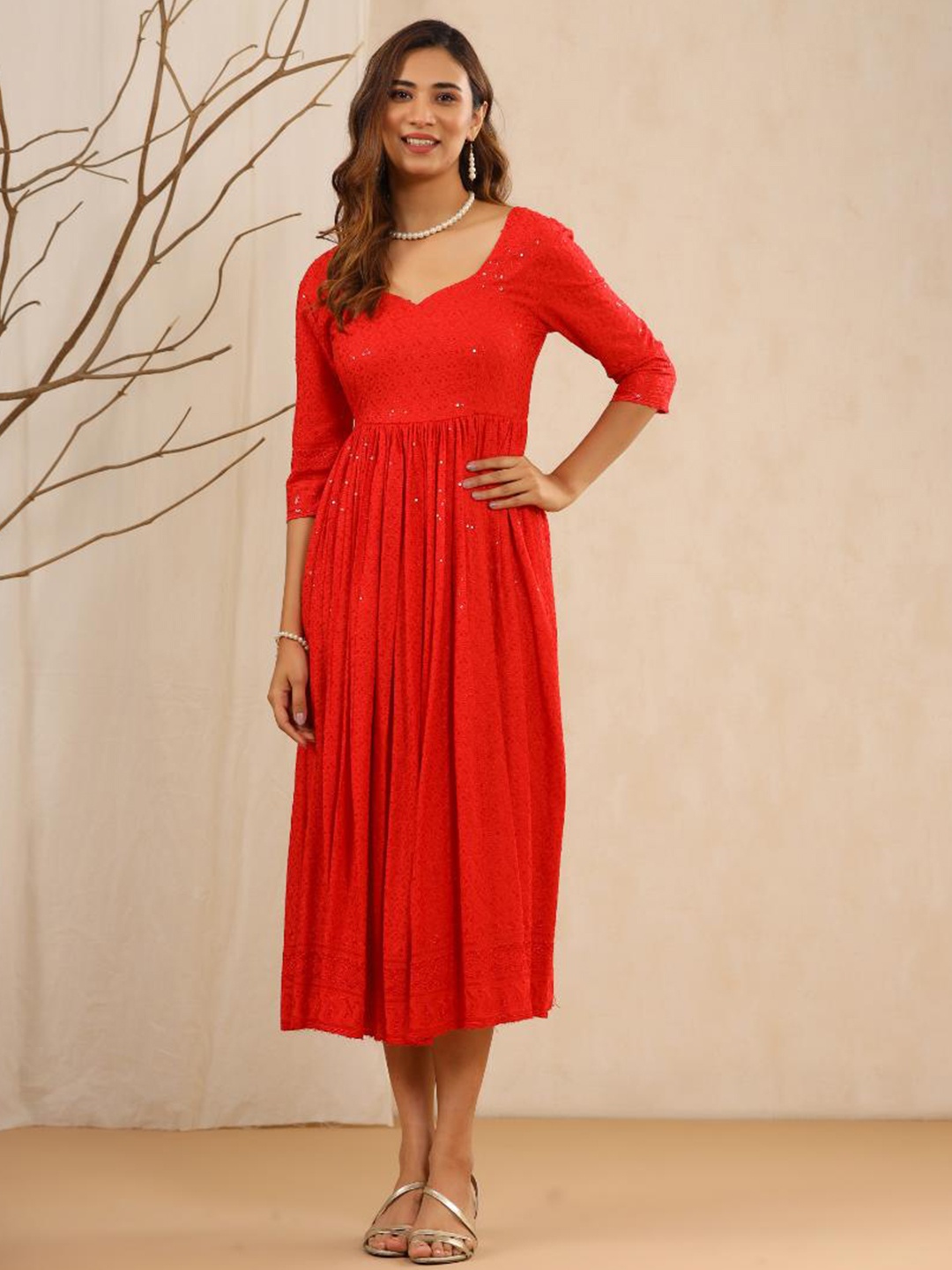 

Baisacrafts Red Solid Maxi Chikankari Dress