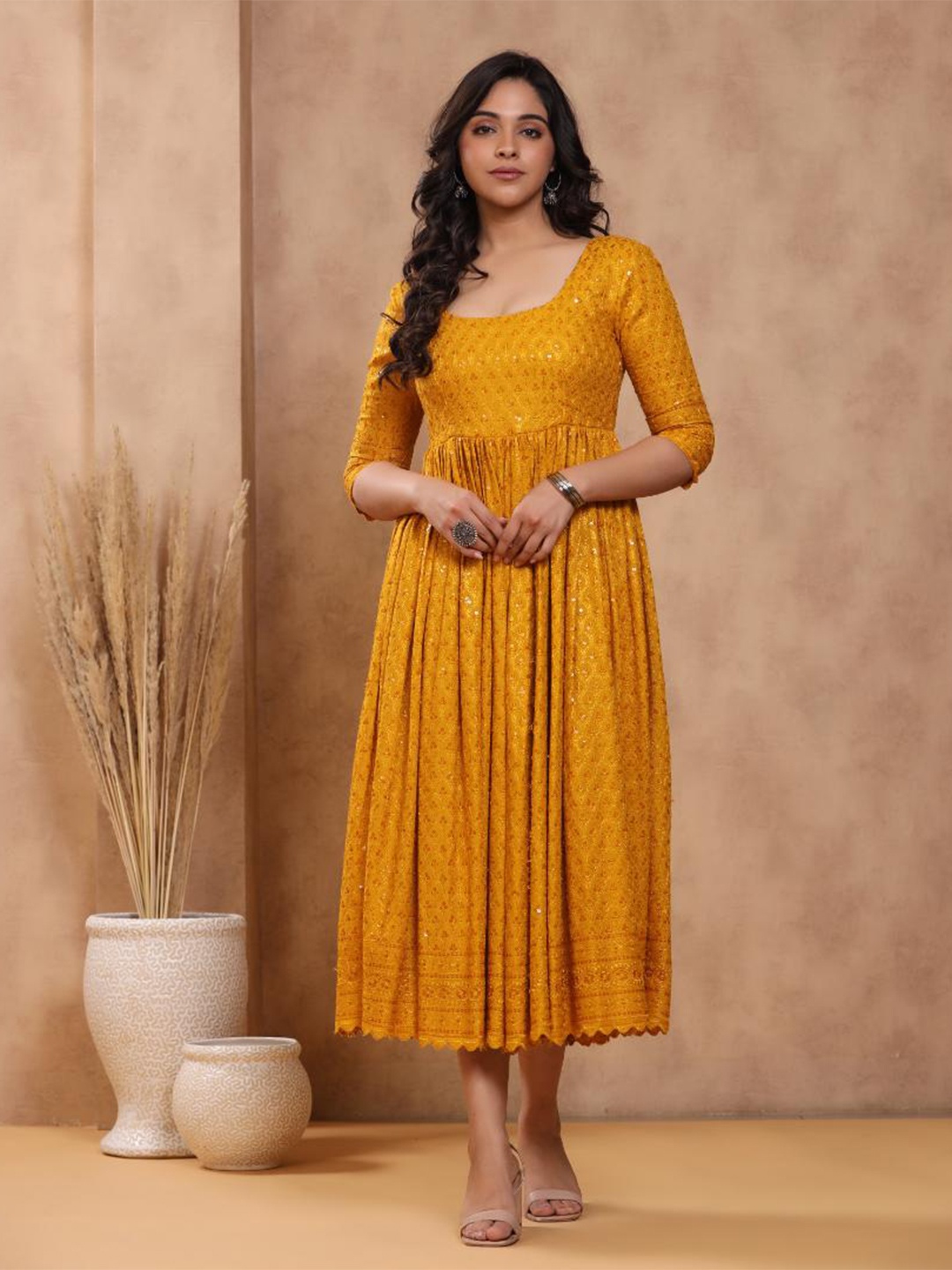 

Baisacrafts Mustard Yellow Embroidered Maxi Dress