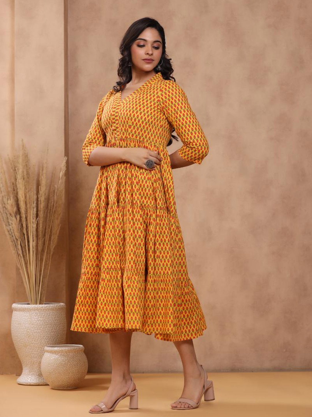 

Baisacrafts Yellow A-Line Midi Dress
