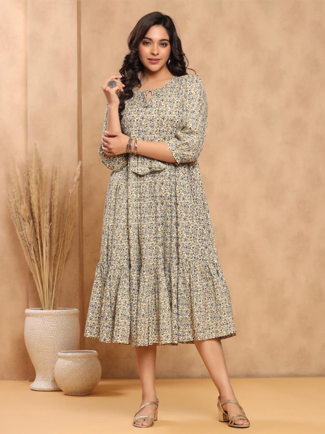 

Baisacrafts Women Beige Printed Keyhole Neck Fit & Flare Dress
