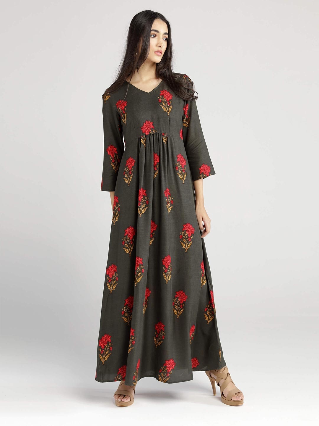 

IDK Women Olive Green Floral Maxi Dress