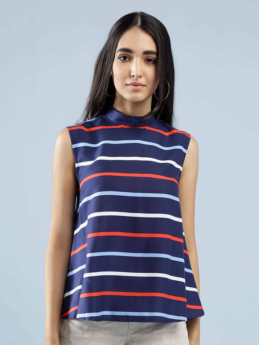 

IDK Women Blue Striped High Neck Top