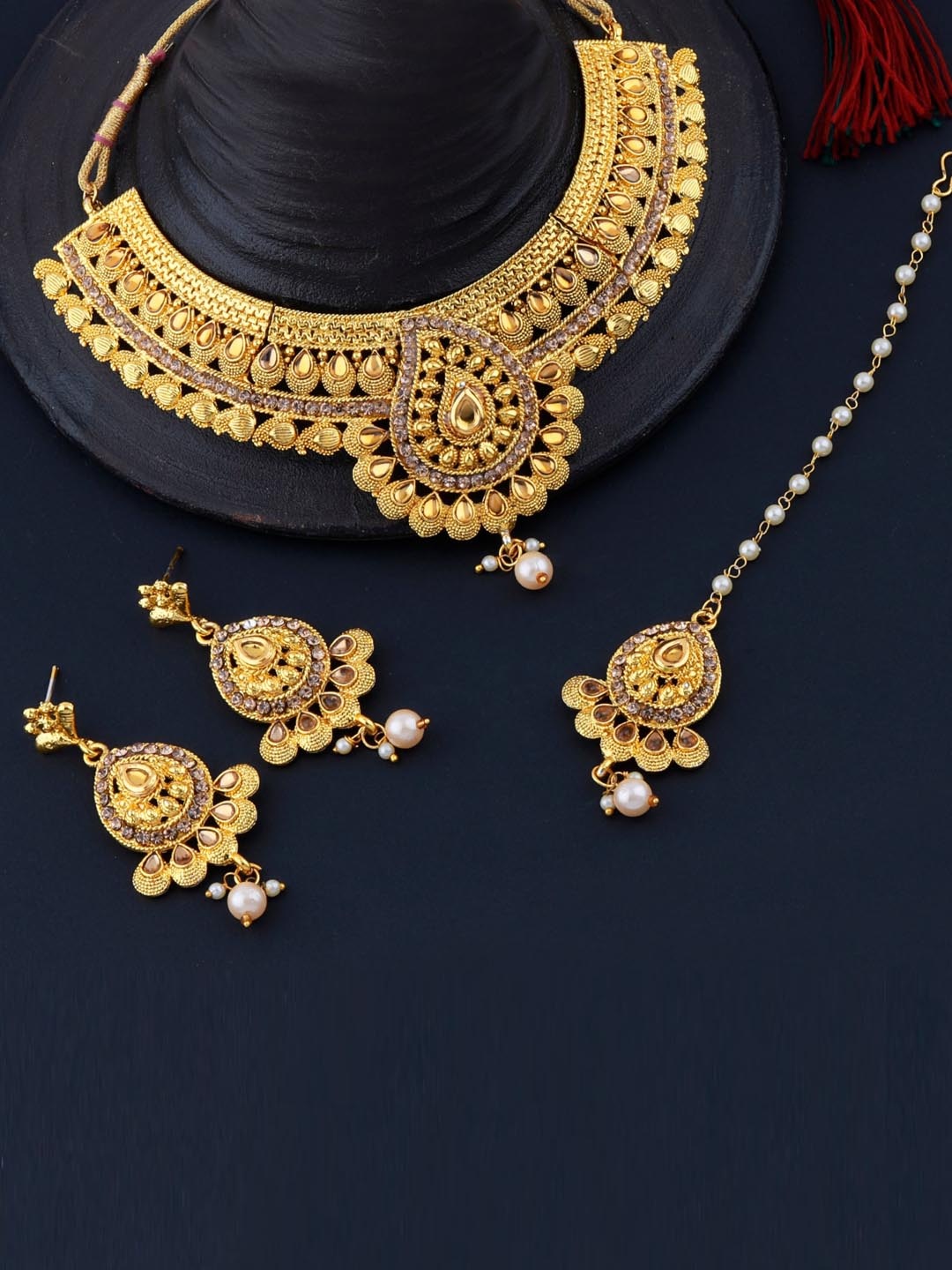 

Silver Shine Gold-Plated White Stoned-Studded & Beaded Jewellery Set