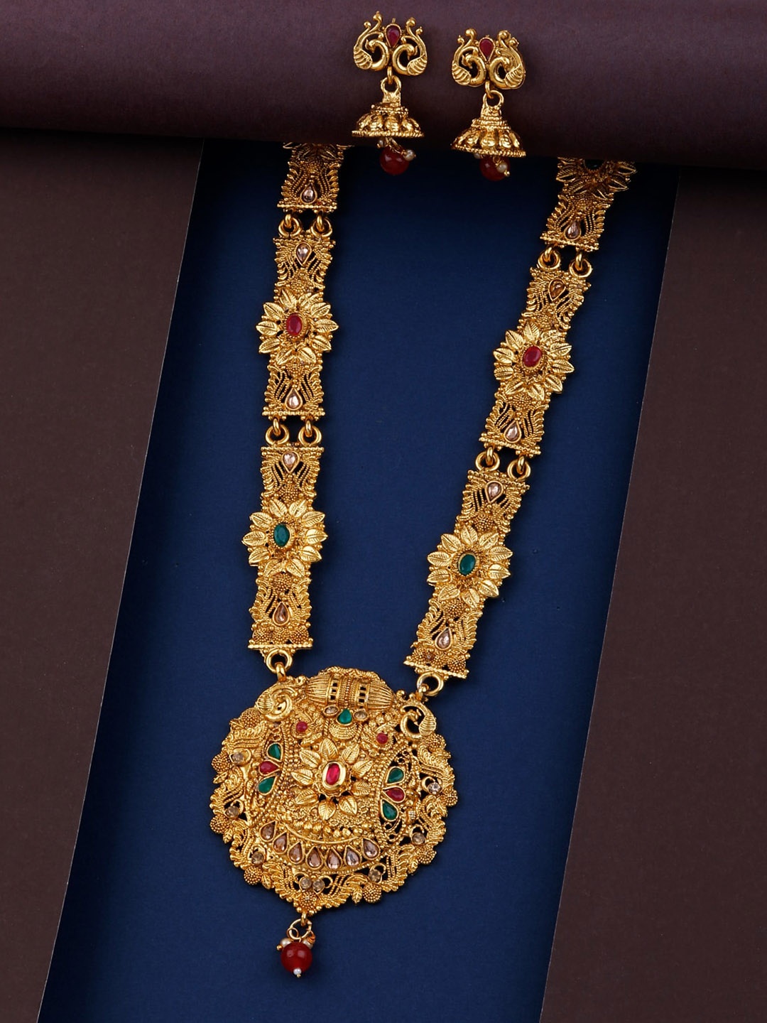 

Silver Shine Gold-Plated Green & Red Stone Studded Jewellery Set