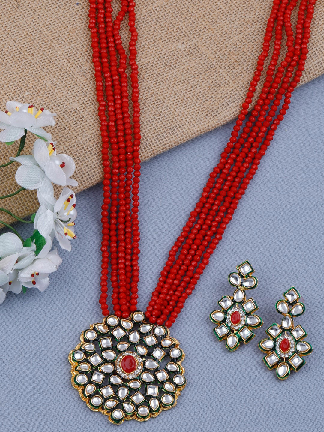 

Silver Shine Gold-Plated Red & White Stoned-Studded & Beaded Jewellery Set