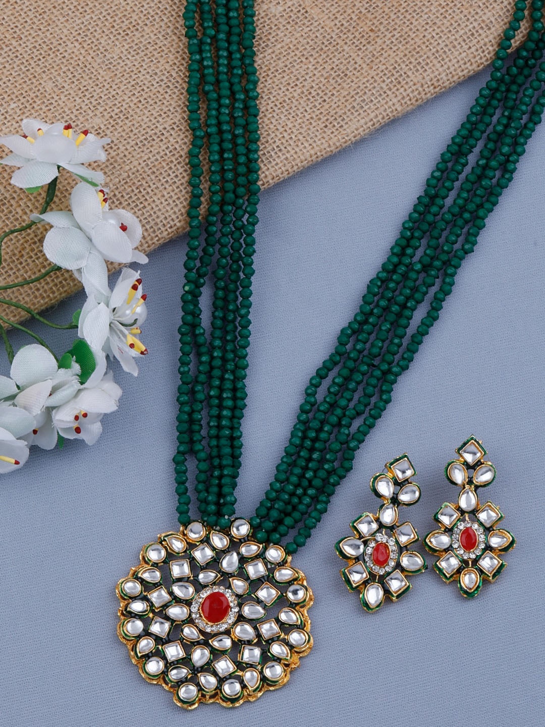 

Silver Shine Gold-Plated Green Stone-Studded & Beaded Jewellery Set