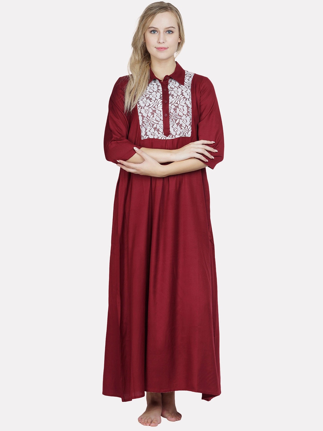 

PATRORNA Maroon Embellished Maxi Nightdress