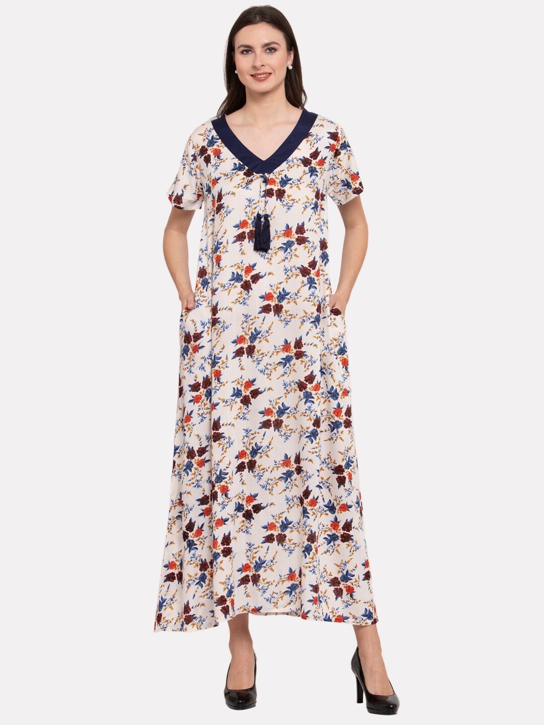 

PATRORNA Women White Printed Maxi Nightdress