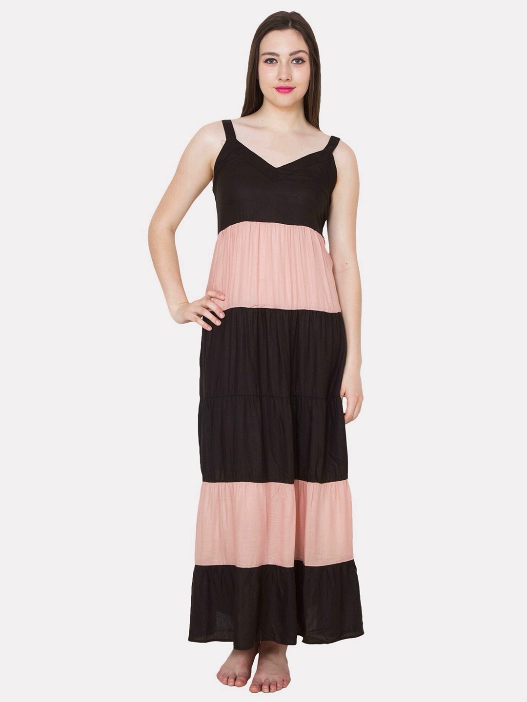 

PATRORNA Black & Peach-Coloured Colourblocked Maxi Nightdress