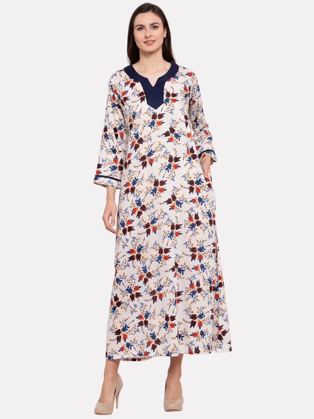 

PATRORNA Women White Printed Maxi Nightdress