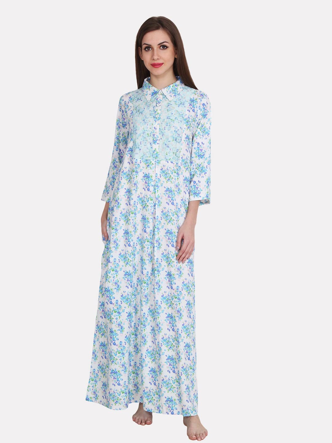 

PATRORNA Blue Printed Maxi Nightdress