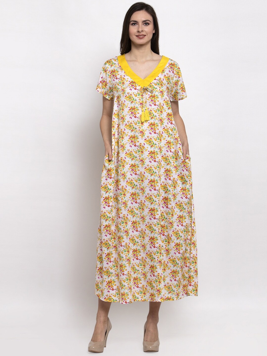 

PATRORNA Yellow Printed Maxi Nightdress