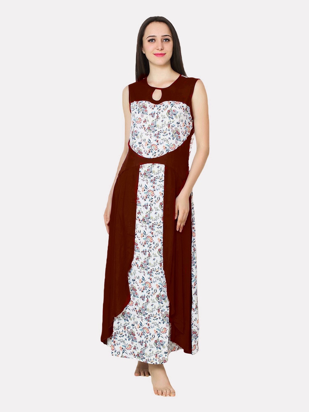 

PATRORNA Women Maroon & White Printed Maxi Nightdress