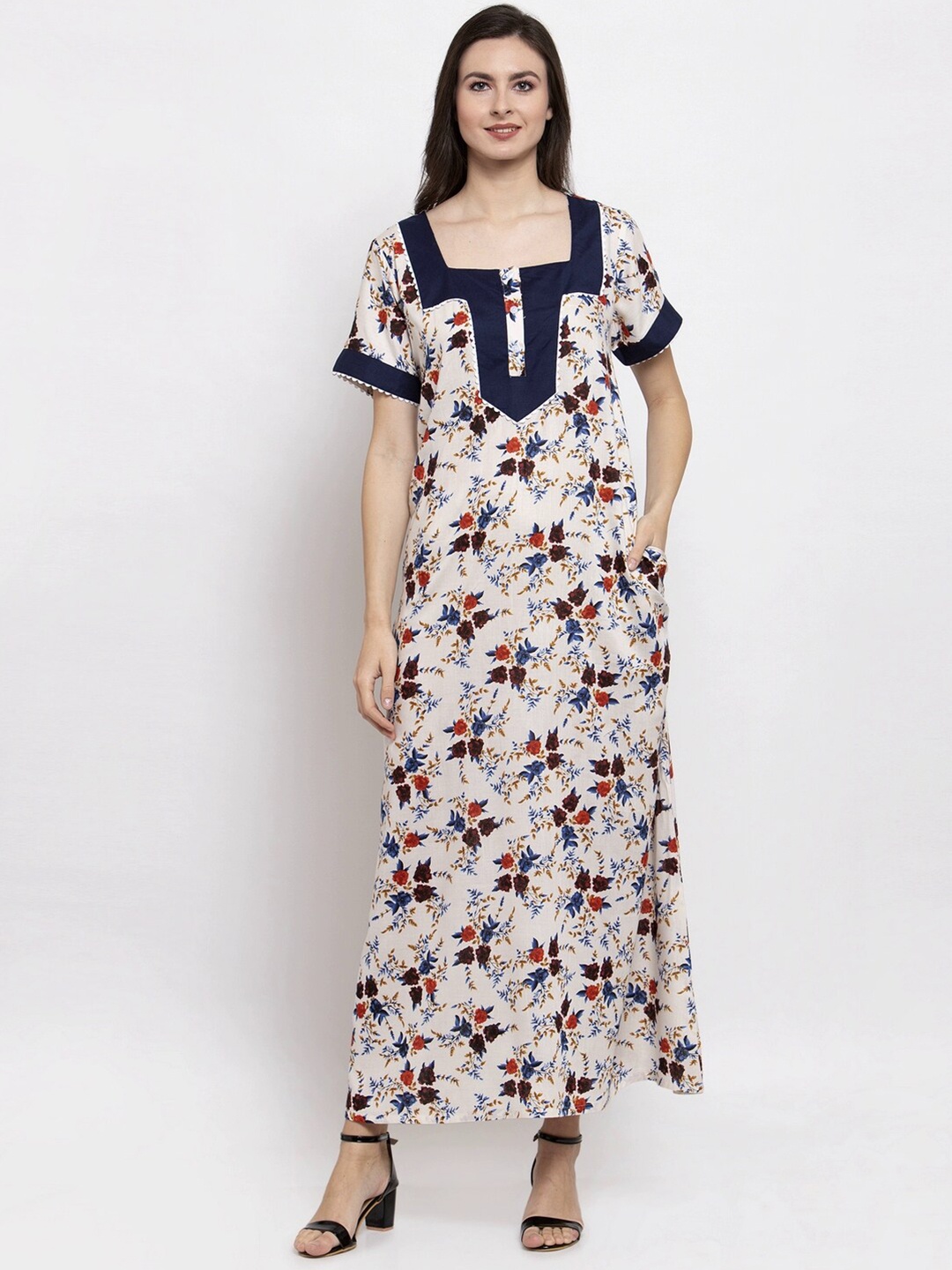 

PATRORNA Cream-Coloured & Navy Blue Printed Maxi Nightdress