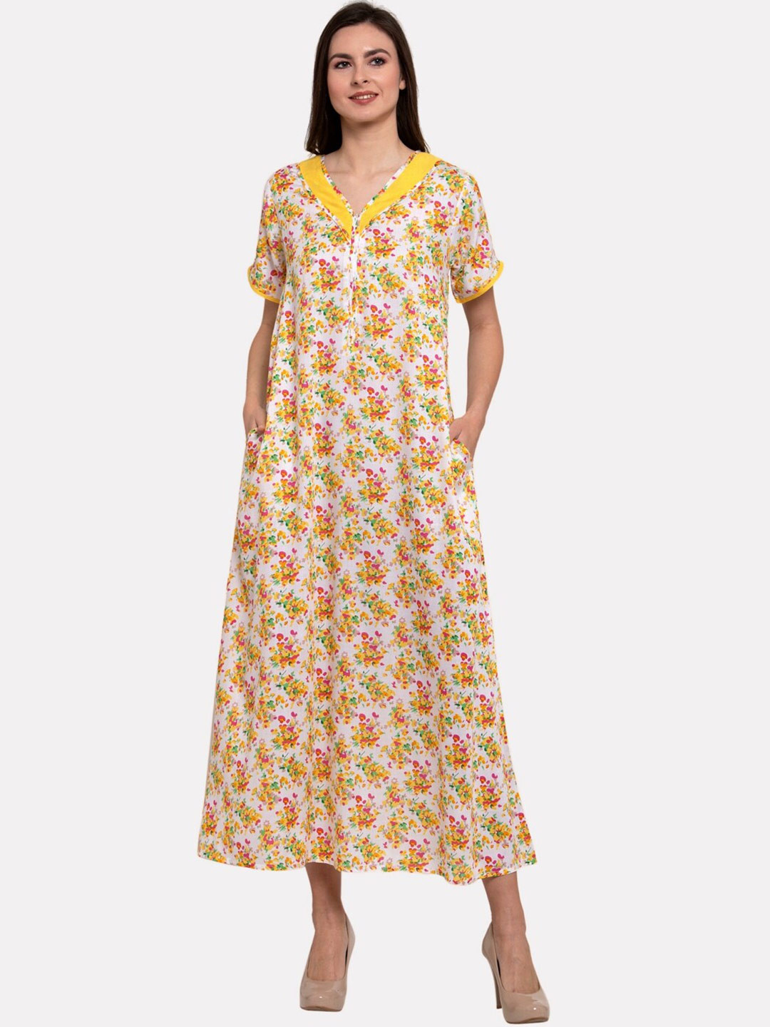 

PATRORNA Yellow & White Printed Maxi Nightdress