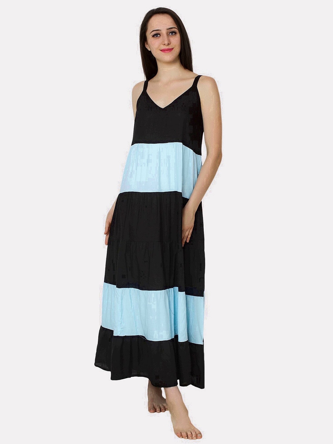 

PATRORNA Women Black & Blue Maxi Nightdress