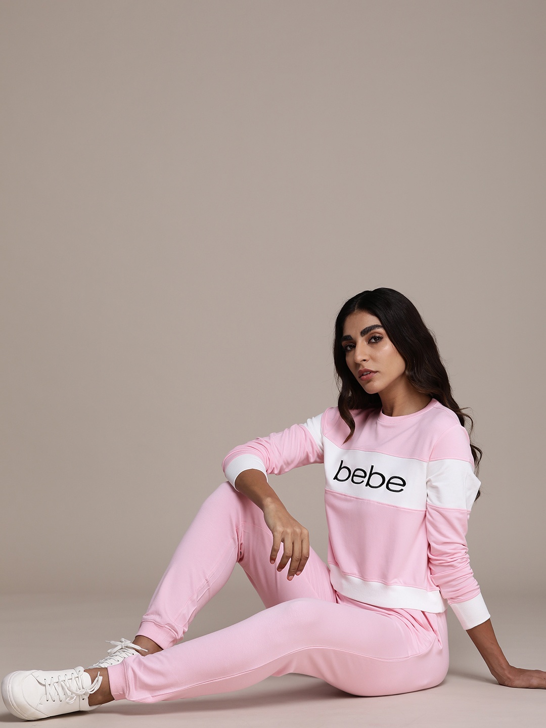 

bebe Women Pink And White Brand Logo Embroidered Co-ords