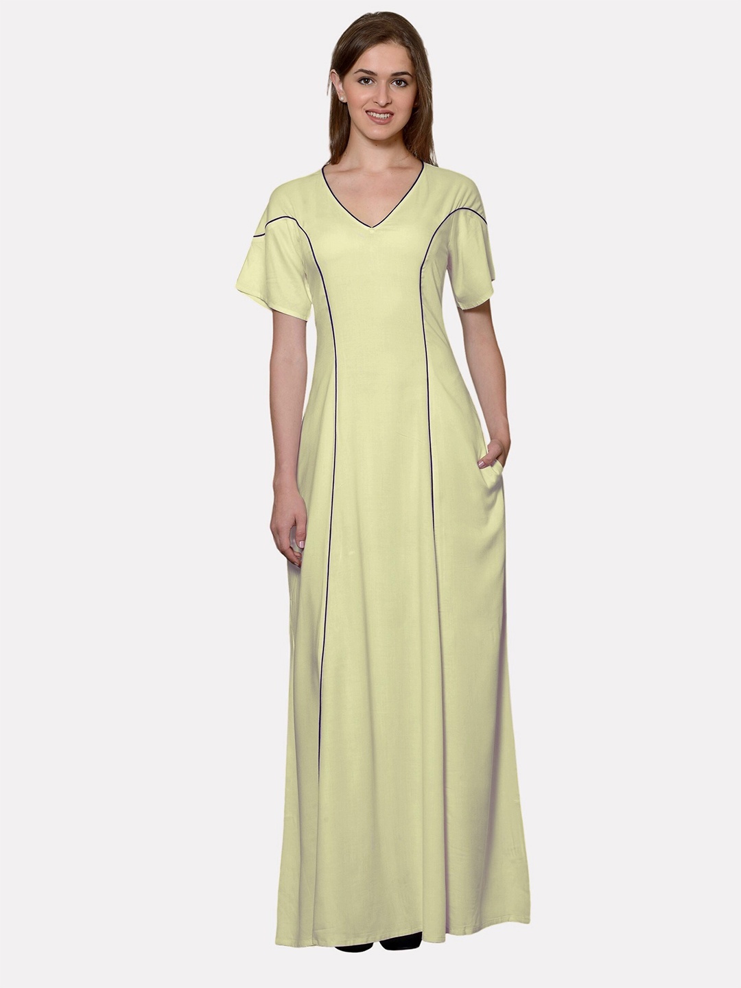 

PATRORNA Women Cream-Coloured Solid Princess Line Maxi Nightdress