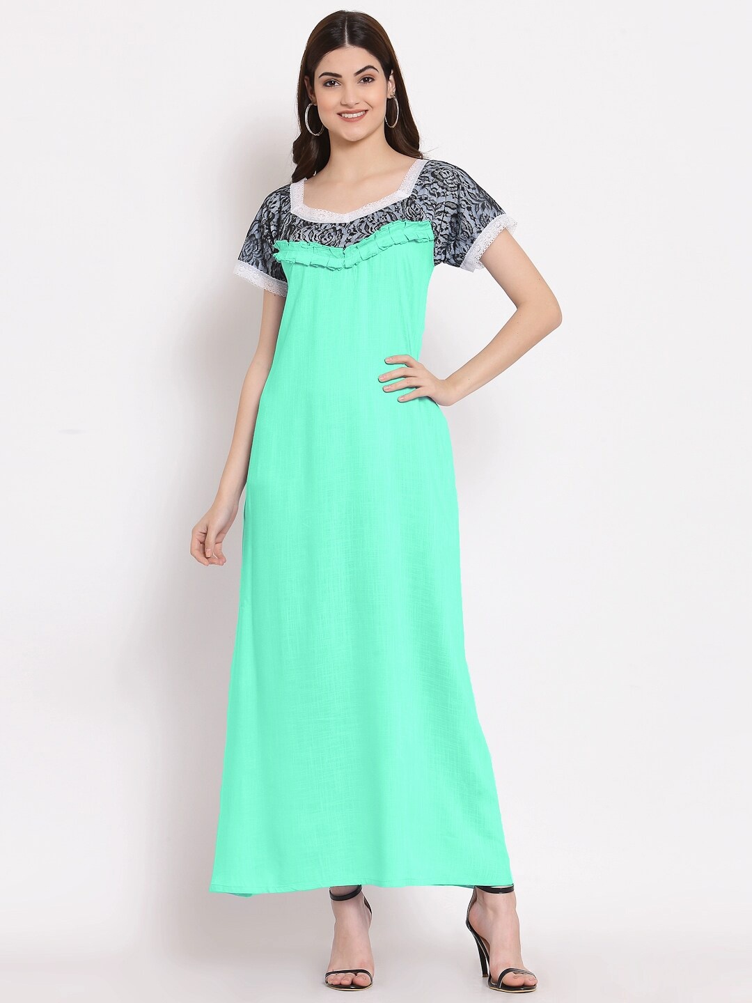

PATRORNA Women Teal Short Sleeve Maxi Nightdress