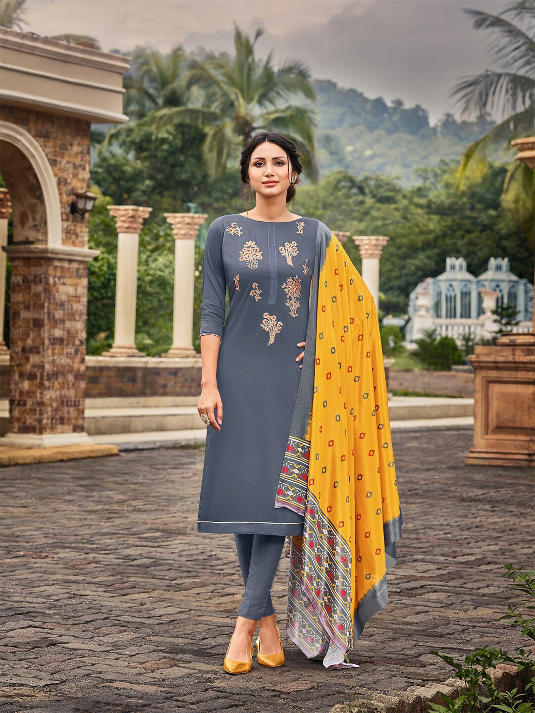 

mf Grey & Yellow Embroidered Unstitched Dress Material