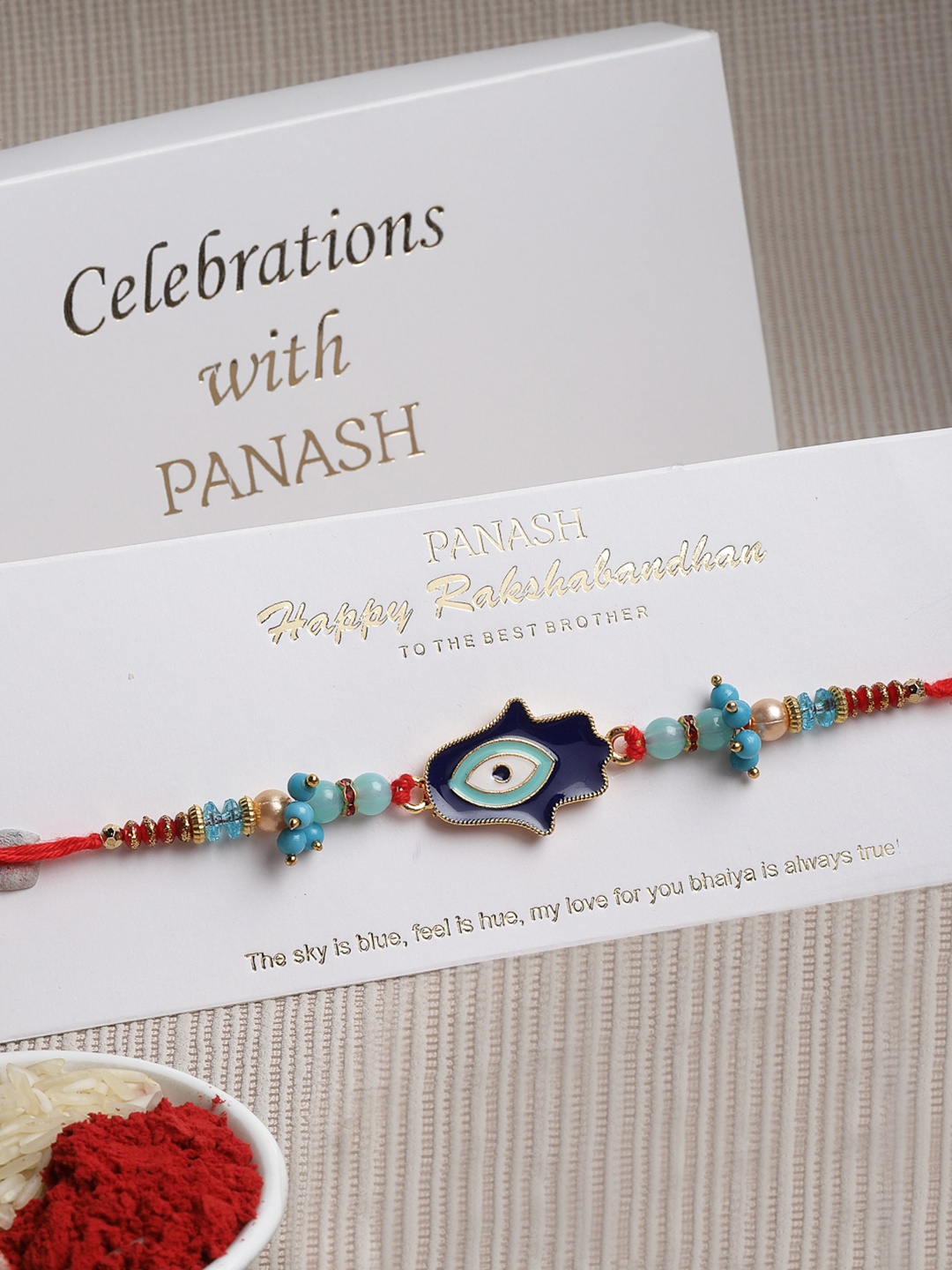 

PANASH Men Evil Eye Beaded Rakhi with Gift Stand, Red