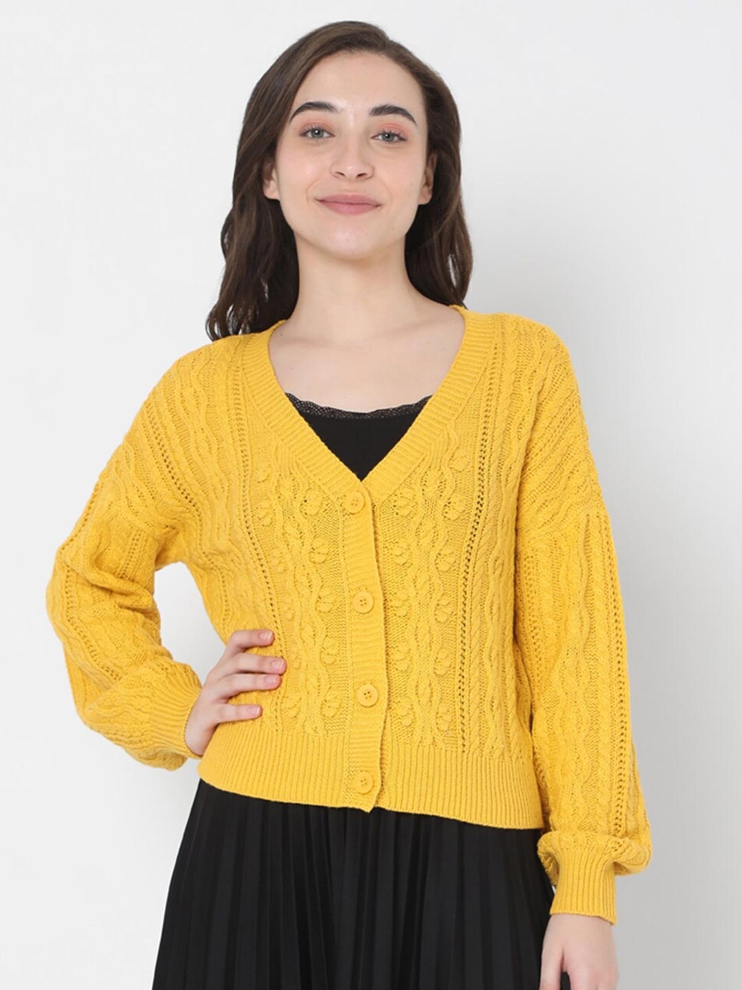 

Vero Moda Women Yellow Floral Self Design Cardigan