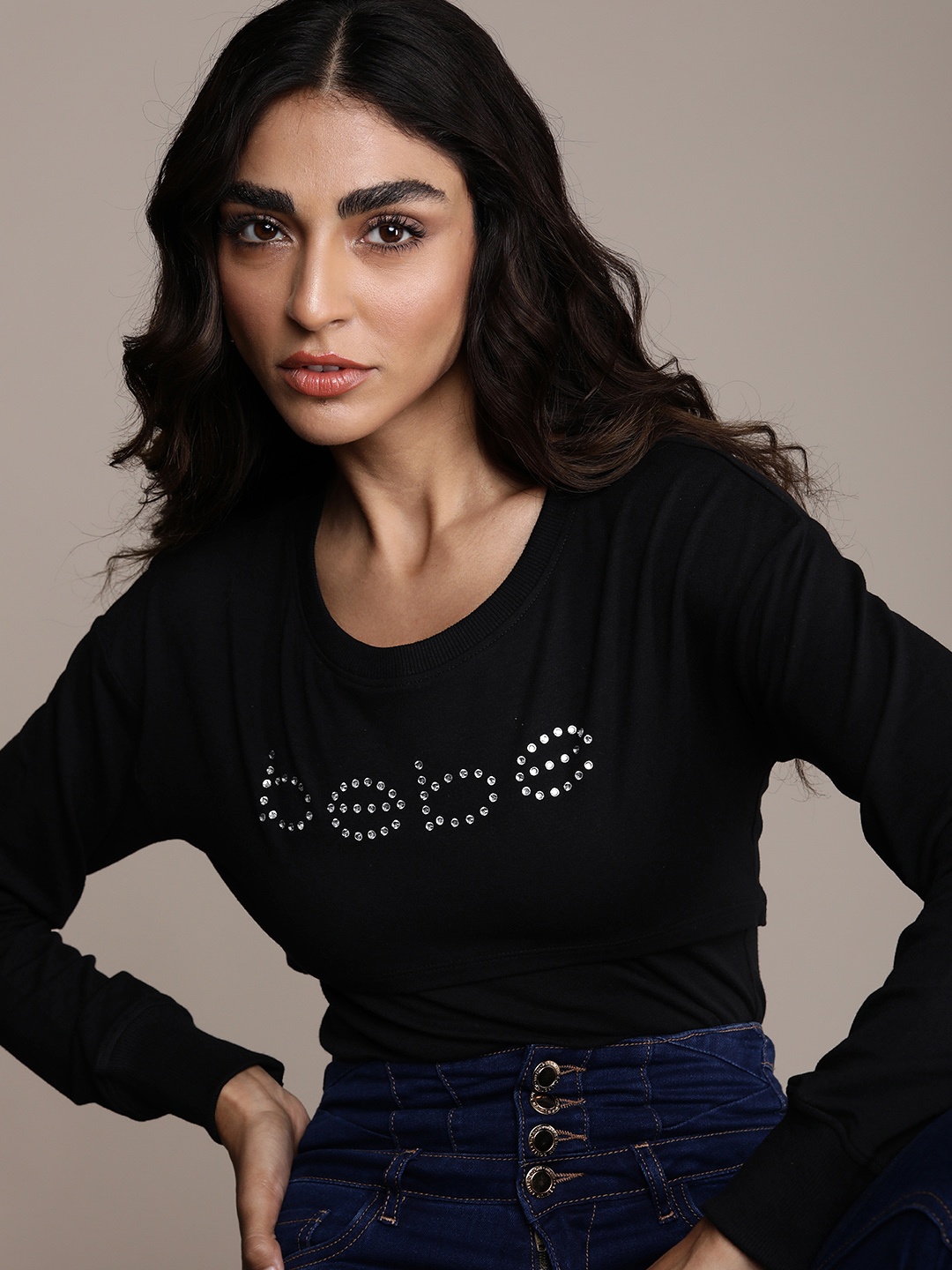 

bebe Women Black Cropped Sweatshirt