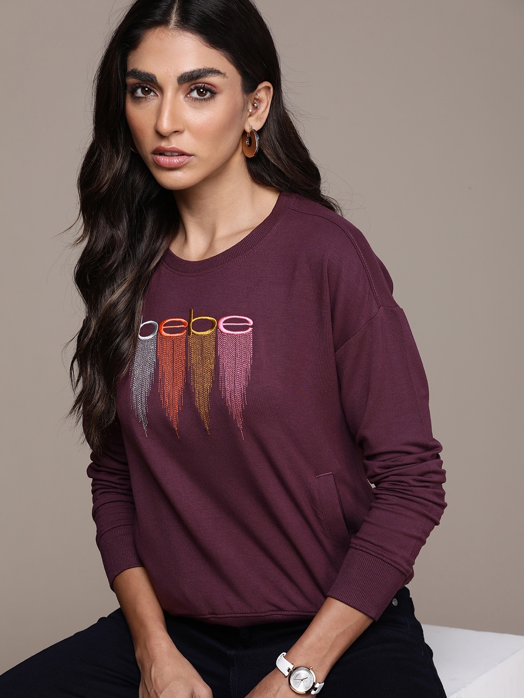 

bebe Women Beetroot Brand Logo Embroidered Sweatshirt, Purple