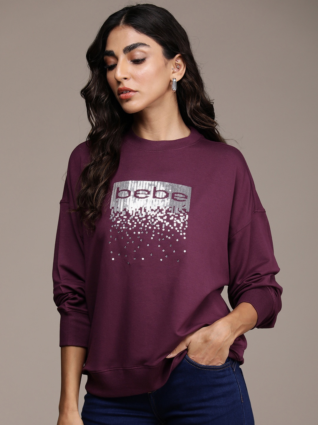 

bebe Women Purple Brand Logo Sweatshirt
