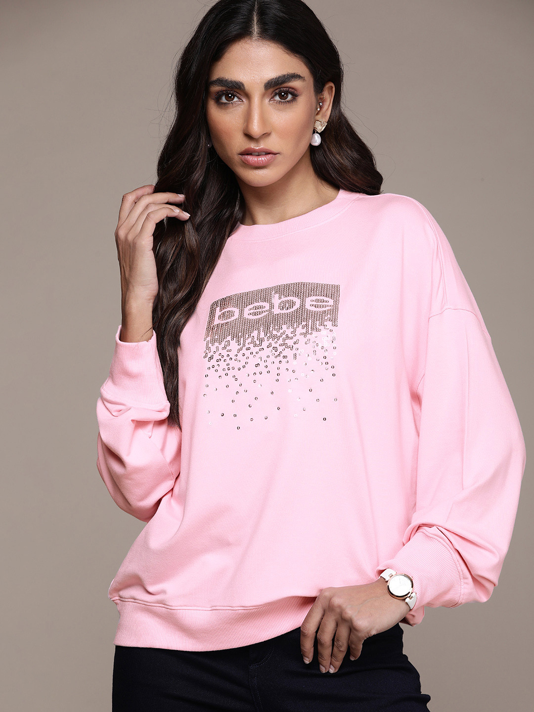 

bebe Women Romance Rose Brand Logo Sequined Sweatshirt, Pink