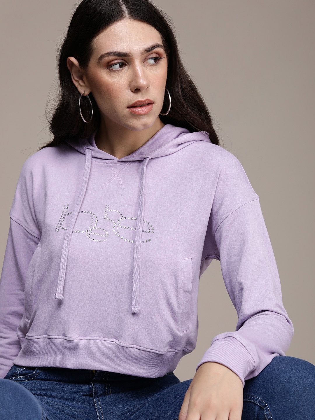 

bebe Women Lavender Brand Logo Embellished Hooded Sweatshirt