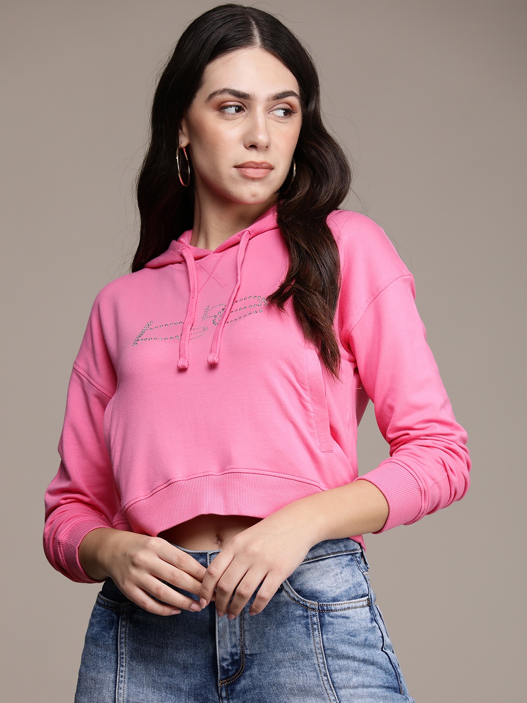 

bebe Women Sangria Sunset Brand Logo Embellished Hooded Sweatshirt, Pink
