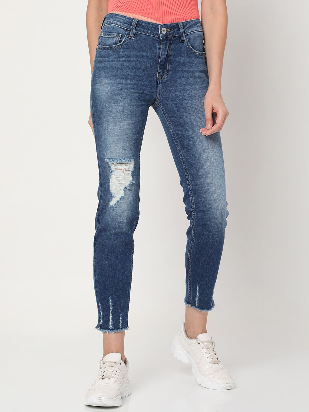 

Vero Moda Women Blue Skinny Fit Low Distress Light Fade Jeans