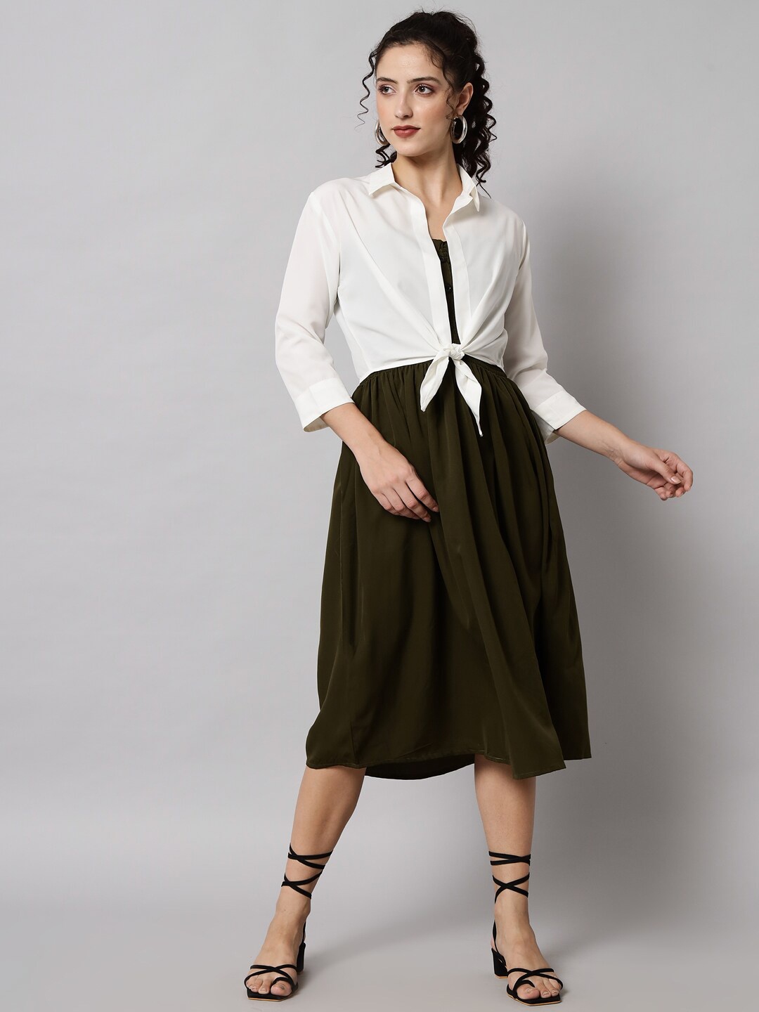 

Darzi Olive Green & White womens Organic Cotton Crepe Midi Dress