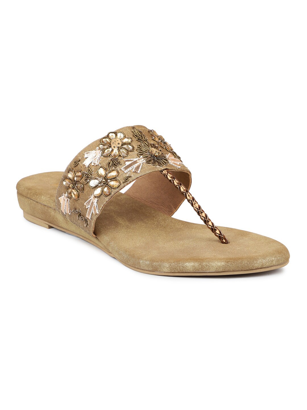 

Inc 5 Women Gold-Toned Embellished Leather Ethnic Flats