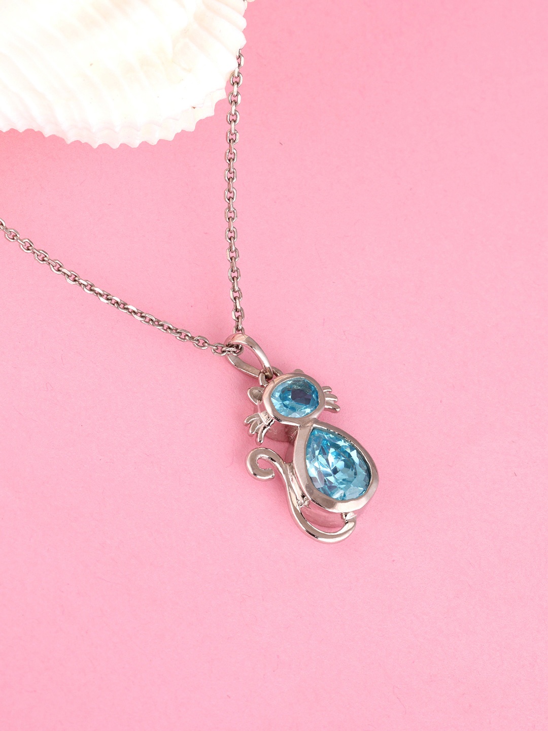 

GIVA Rhodium-Plated Blue CZ-Studded Pendant With Link Chain, Silver