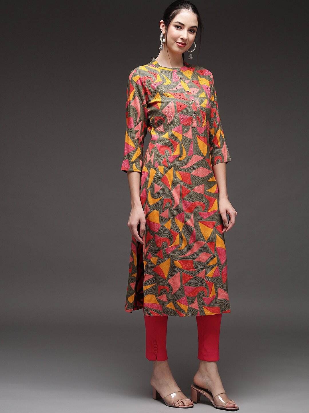 

KALINI Women Multicoloured Printed Flared Sleeves Mirror Work Kurta, Multi