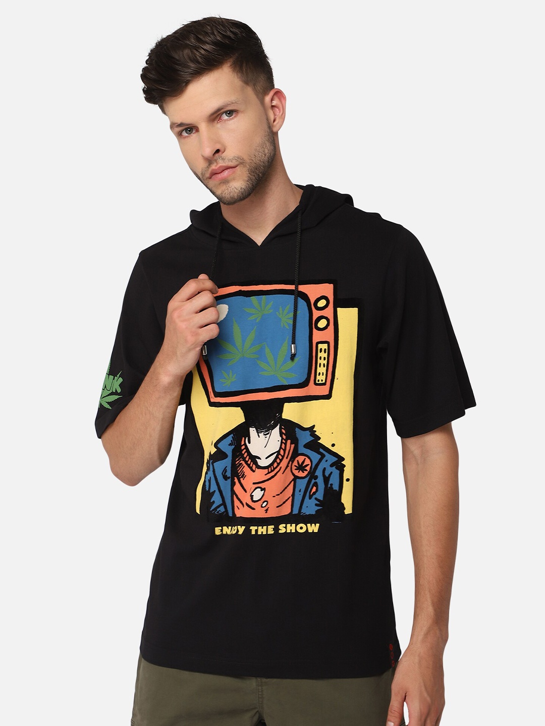 

PUNK Men Black Printed Applique Loose T-shirt