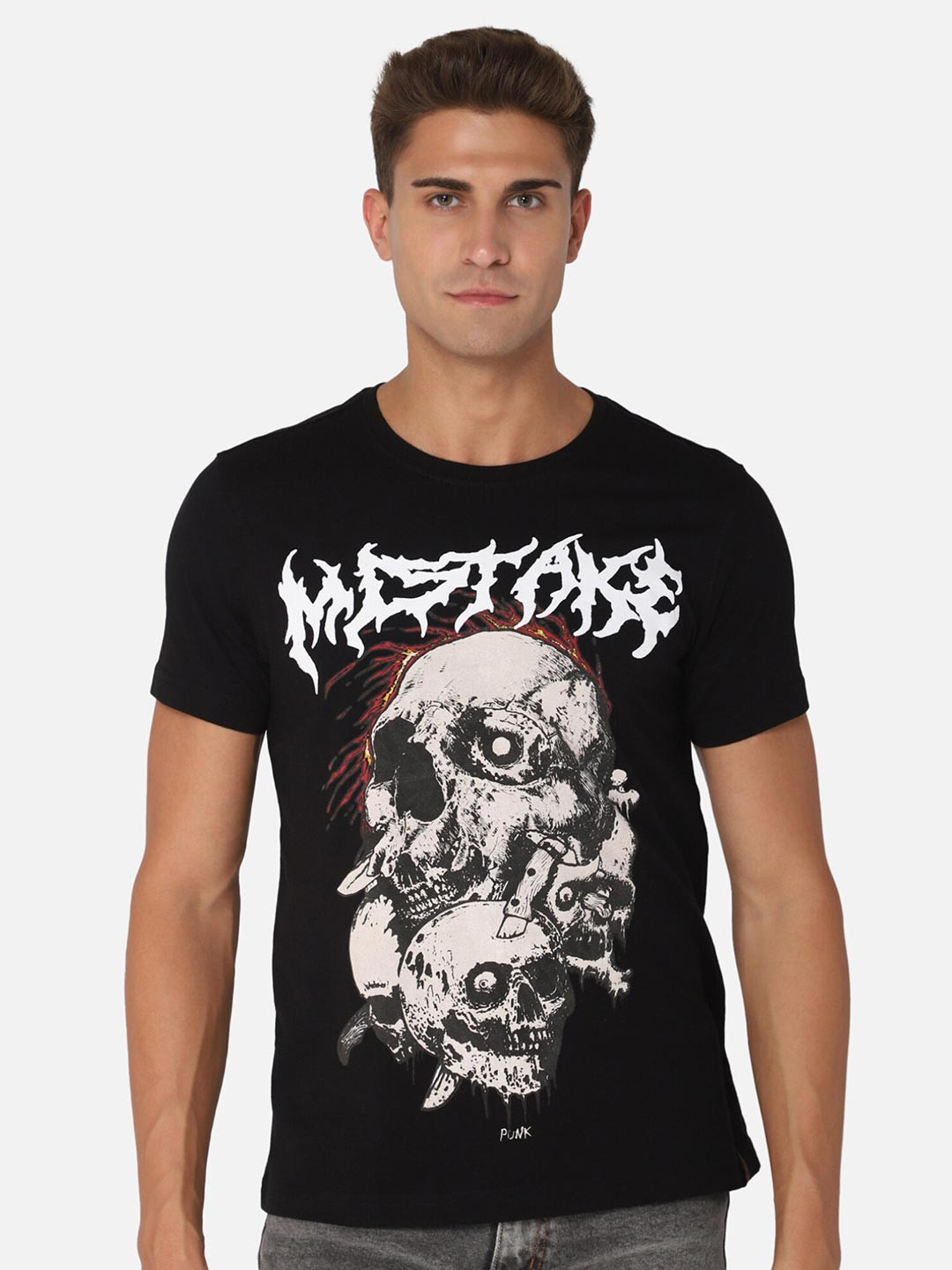 

PUNK Men Black Printed Applique T-shirt