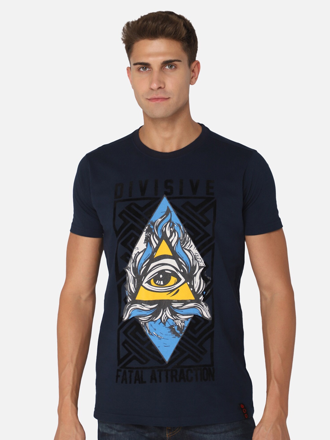 

PUNK Men Navy Blue Printed Raw Edge T-shirt