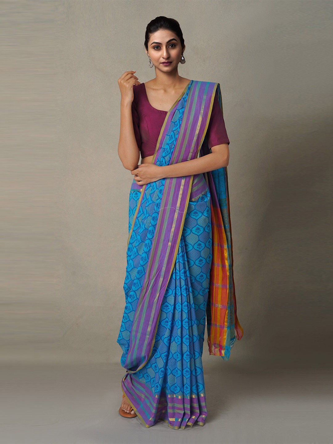 

Unnati Silks Blue & Purple Ethnic Motifs Zari Pure Cotton Mangalagiri Saree
