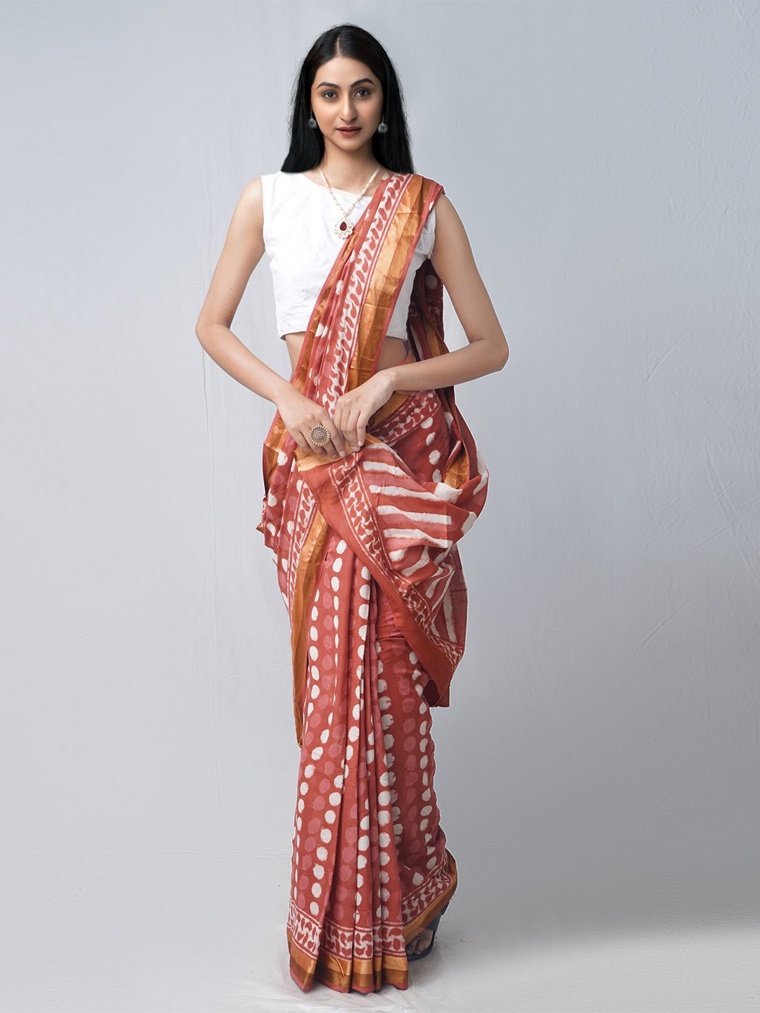 

Unnati Silks Maroon & White Ethnic Motifs Pure Cotton Block Print Saree
